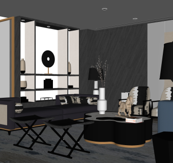 新中式客厅su模型，客厅桌椅酒柜草图大师模型下载