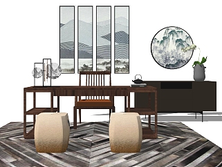 中式茶桌椅su模型，茶桌sketchup模型下载