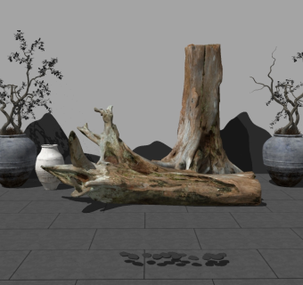 新中式枯树盆栽摆件skb模型分享，枯树盆栽摆件草图大师模型下载