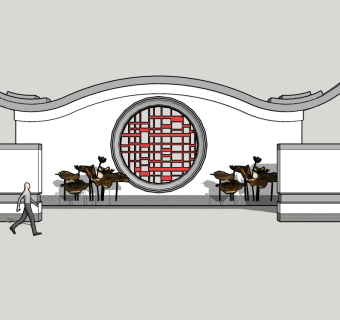 中式景观墙SU模型下载，景观墙skb模型分享