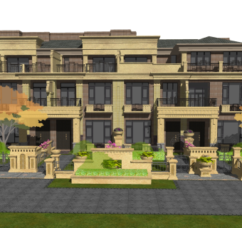 欧式联排别墅SU模型，联排别墅SKP模型下载