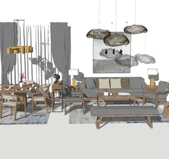 新中式实木沙发组合su模型，实木沙发组合sketchup模型下载