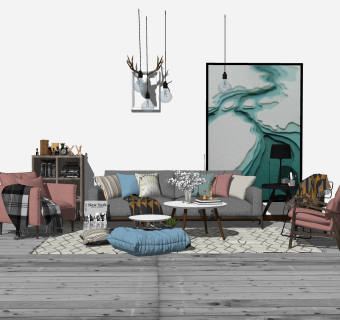 北欧布艺沙发组合su模型，沙发组合sketchup模型下载
