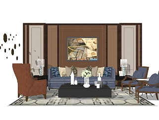 现代 中式客厅草图大师模型，客厅sketchup模型下载