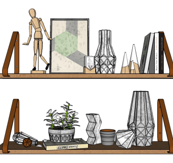 现代墙饰书架摆件组合su模型，墙饰书架摆件草图大师模型下载