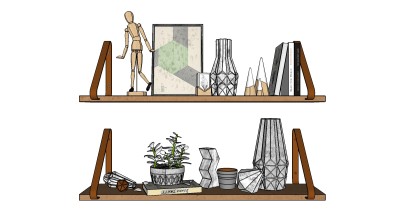 现代墙饰书架摆件组合su模型，墙饰书架摆件草图大师模型下载
