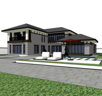 现代独栋别墅草图大师模型下载，别墅外观sketchup模型分享