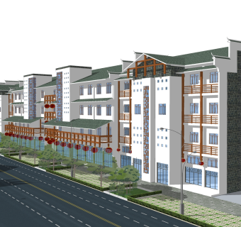 中式商业街建筑草图大师模型，古建民俗sketchup模型免费下载