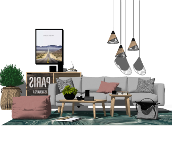 北欧布艺沙发组合su模型，北欧布艺沙发组合skp模型下载