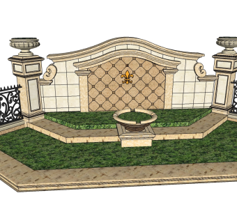 欧式景观墙skp文件下载，景观墙SU模型