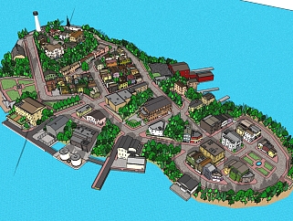 现代湖心岛小区规划免费su模型下载、湖心岛小区草图大师模型下载