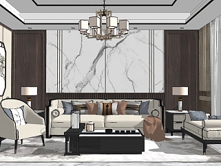 新中式轻奢客厅su模型，客厅沙发茶几灯具组合sketchup模型下载