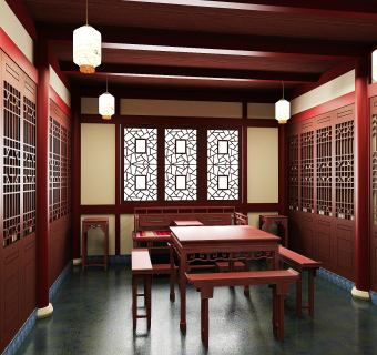 中式餐厅室内装修图，餐厅CAD图纸下载