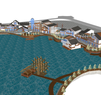中式造型商业街草图大师模型，商业综合体sketchup模型免费下载