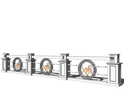 中式石材护栏免费su模型，栏杆skp模型下载