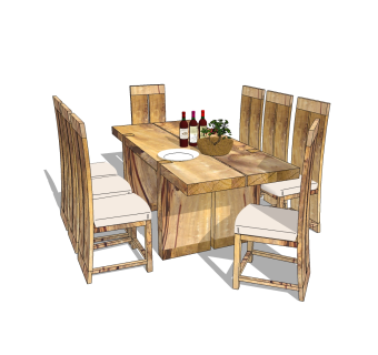 现代实木餐桌椅免费su模型，实木餐桌椅skp模型下载