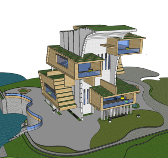 现代美式风格别墅草图大师模型，别墅SU模型下载