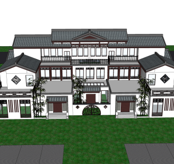 中式联排别墅su模型，别墅skb文件下载