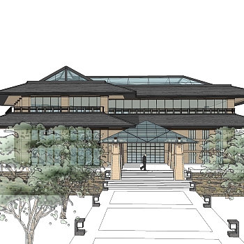 新中式售楼处建筑方案草图大师模型，售楼部建筑沙盘sketchup模型免费下载