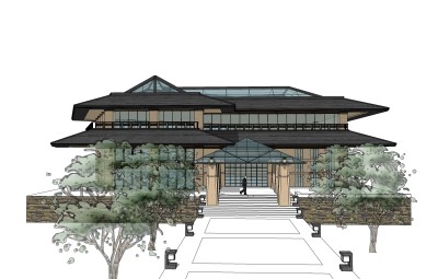 新中式售楼处建筑方案草图大师模型，售楼部建筑沙盘sketchup模型免费下载