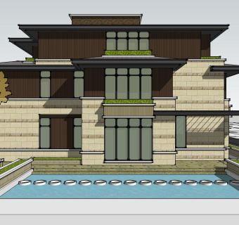 中式联排别墅su模型，别墅sketchup模型下载