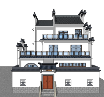 新中式马头墙别墅su模型下载、新中式马头墙别墅草图大师模型下载