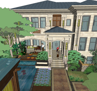 中式别墅草图大师模型，别墅sketchup模型