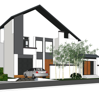 新中式独栋别墅草图大师模型，sketchup别墅su模型下载