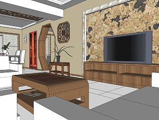  现代中式客厅草图大师模型，客厅sketchup模型下载