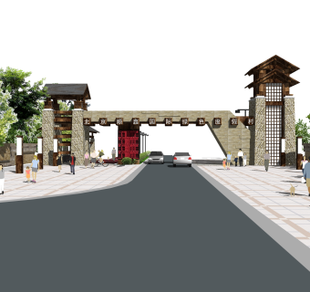 旅游度假村景区入口大门su模型，入口大门草图大师模型下载