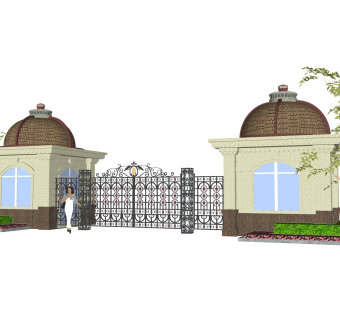 欧式小区门头草图大师模型，小区门头sketchup模型免费下载