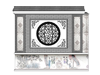 中式景观墙草图大师模型，景墙sketchup模型下载