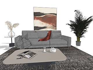 现代沙发边几茶几挂画植物sketchup模型下载