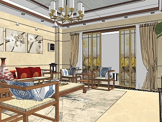 中式客餐厅草图大师模型，客餐厅sketchup模型