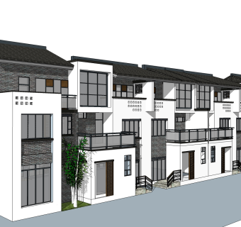 中式联排别墅su模型，别墅草图大师模型下载