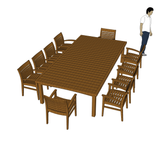 现代实木餐桌椅su模型，10人餐桌草图大师模型下载