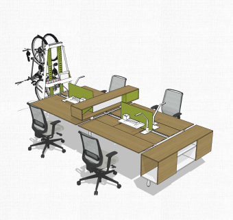 现代屏风办工桌sketchup模型，办工桌su模型，办工桌草图大师素材下载