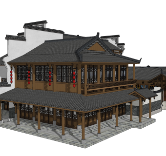 新中式徽派建筑草图大师模型，古建民俗sketchup模型免费下载