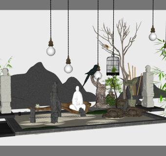 中式禅意枯山水园艺小品草图大师模型，禅意枯山水园艺小品sketchup模型下载