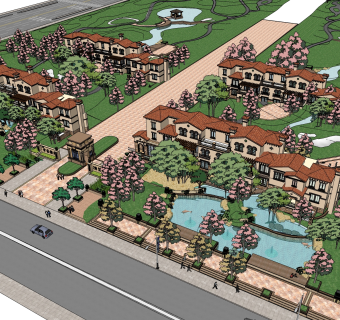 欧式连排别墅草图大师模型，别墅sketchup模型免费下载