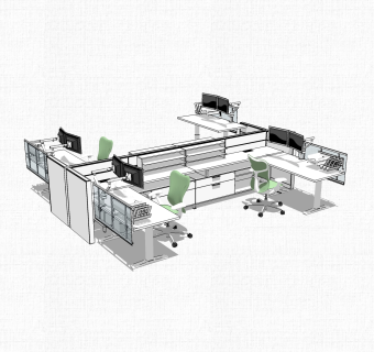 现代屏风办工桌草图大师模型，办工桌skp模型，办工桌su素材下载