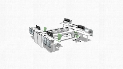 现代屏风办工桌草图大师模型，办工桌skp模型，办工桌su素材下载