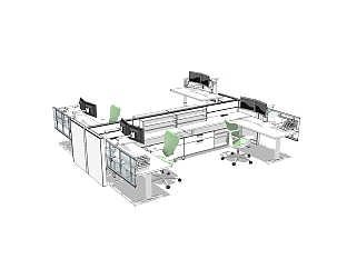 现代屏风办工桌草图大师模型，办工桌skp模型，办工桌su素材下载