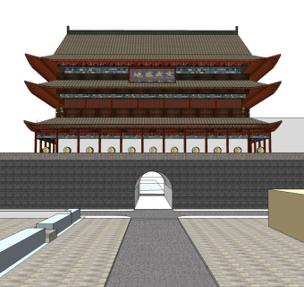 中式古建城楼免费su模型下载、古建城楼草图大师模型下载