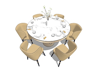 16现代<em>圆形</em>轻奢餐桌椅su模型，餐桌sketchup模型下载