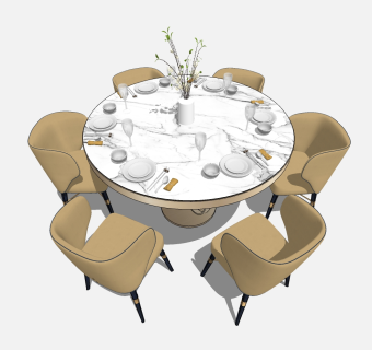 16现代圆形轻奢餐桌椅su模型，餐桌sketchup模型下载