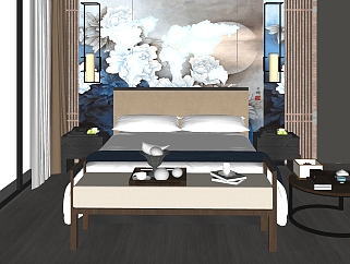 现代卧室双人床草图大师模型，双人床skp模型下载
