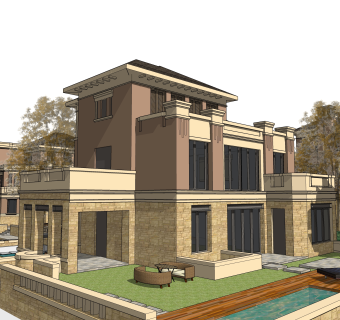 新中式连排别墅su模型下载，别墅草图大师模型分享