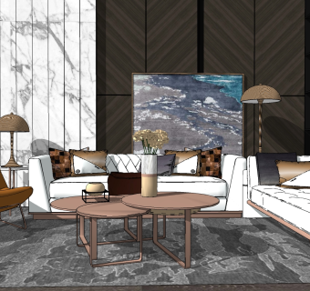 北欧布艺沙发组合草图大师模型，沙发skp模型下载