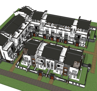 中式联排别墅su模型，别墅sketchup模型下载